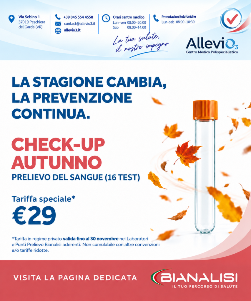 Check-up Autunno AlleviO3 e Bianalisi: 16 analisi a 29 €, fino al 30 novembre 2026.